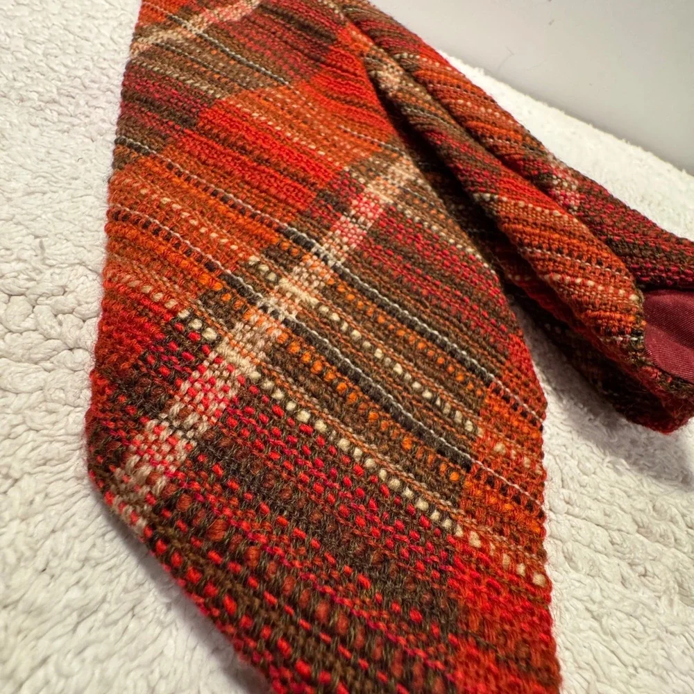Vintage Maria Svatina Tie Orange Plaid Virgin Wool Handwoven Heritage Necktie